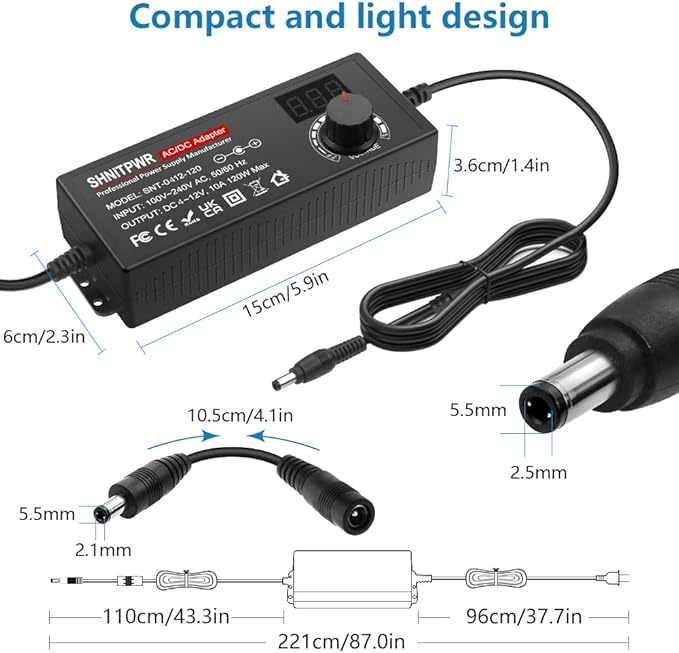 SHNITPWR 4V - 12V Power Supply 10A 120W AC to DC Adapter DC 4V 4.5V 5V 6V 7V 8V 9V 10V 11V 12V Voltage Adjustable Universal Power Converter Transformer 100-240V AC In with 14 Tips & Polarity Converter