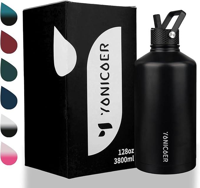Insulated Water Bottle 128oz,Triple Wall Vacuum Stainless Steel(Dishwasher Safe),Leak Proof & Non-BPA,Flask Jug with Paracord Handle & Straw Spout Lids Sports Black