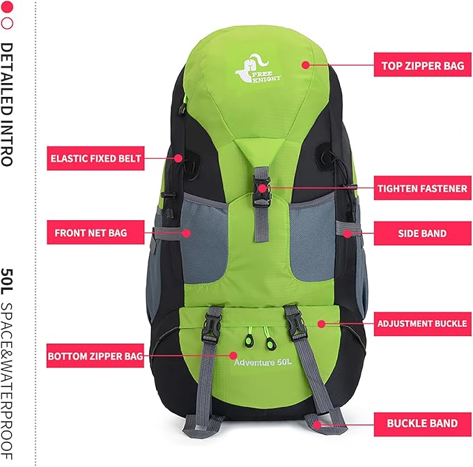 Bseash 50L Hiking Backpack, Water Resistant Lightweight Outdoor Sport Daypack Travel Bag for Camping Climbing Skiing Cycling (Green - No Shoe Compartment)