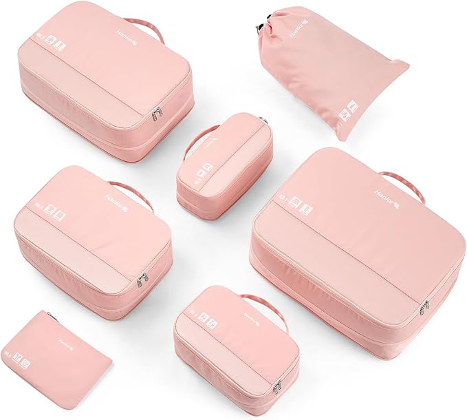 Compression Packing Cubes (Pack of 7), Expandable Luggage Organizer Bags, Hanke Packing Cubes for Travel, Double Zipper Durable Travel Packing Organizers for Suitcase Backpack and Carry-On