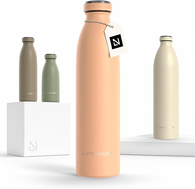 LARS NYSØM Stainless Steel Insulated Water Bottle 12 oz 17 oz 25 oz 34 oz 51 oz | Insulated Thermo Flask for Hot and Cold Beverages | Leakproof Drinking Bottle (Creamy Peach, 25.4 oz)