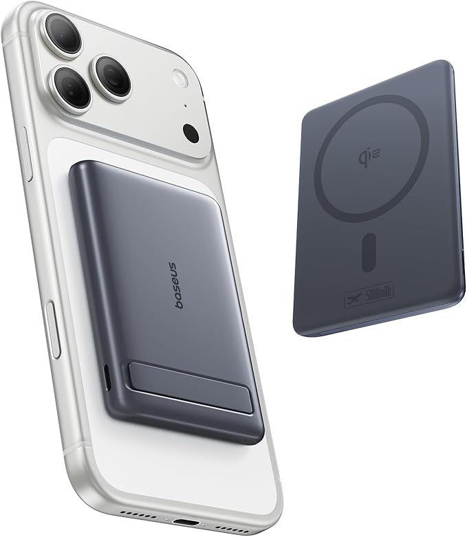 Baseus Picogo Power Bank, Smallest Qi2 Certified 15W MagSafe Portable Charger, 0.5" Ultra Slim 5000mAh Magnetic Battery Pack with Stand, Alloy Wireless Charger for iPhone 17 Pro Max/17 Air/16 Series