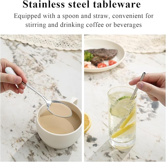 Camping Essentials Set, HOMQUEN Camping Plates and Bowls Set, Coffee Mug, Travel Cutlery Set Include Spoon, Fork, Knife for Work, Outdoor,Picnic, Camp （White）