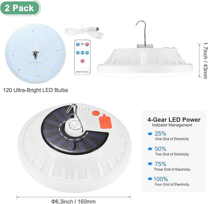 2-Pack Portable Rechargeable Camping Lights, Tent Lights LED Lantern Power Solar Battery Powered, 5 Lighting Modes, IP65 Waterproof Flashlight for Hiking/Emergency/Night