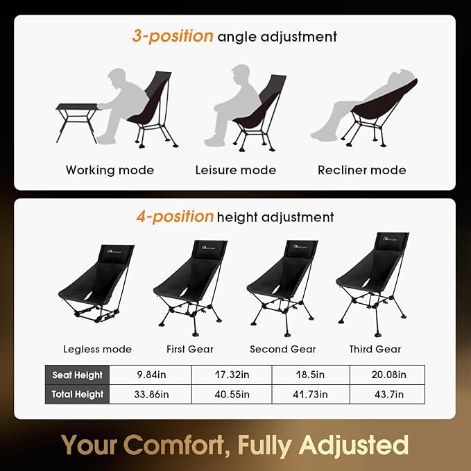 MOON LENCE Oversized Camping Chair for Adults, Height Adjustable High-Back Folding Camping Chair with 400 lbs Capacity, Hidden Pillow Pocket and Wide Seat for Camping, Hiking, Picnics, Black