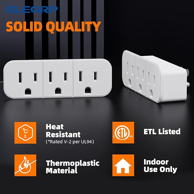 ELEGRP Triple Outlet Extender, 3-Prong Grounded Wall Tab, Multiple Outlet Extender Adapter Plug with 3 Electrical Outlets for Travel Home Hotel Office, ETL Listed, 2 Pack, White