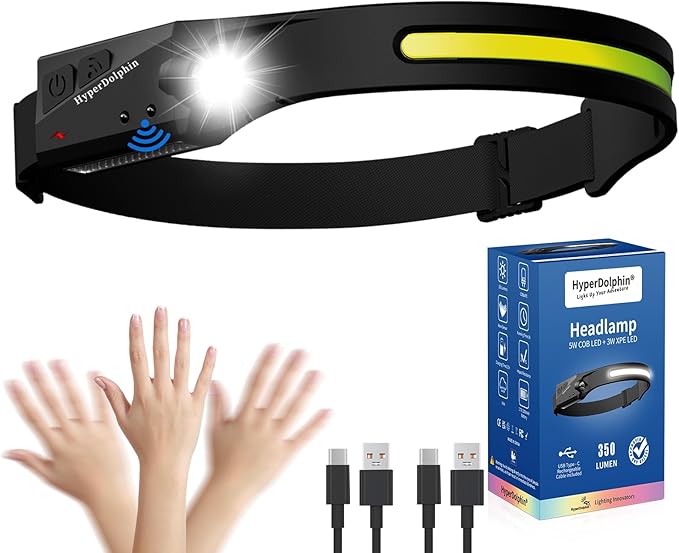 Headlamp Rechargeable, LED Waterproof Headlight for Adults, 230° Headband Light Forehead, USB Head lamp Band, 350 Lumen Super Bright, 5 Modes, Comfortable for Running,Fishing,Hiking