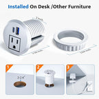 Recessed Power Grommet with 20W USB C Fast Charging, 2 inch Conference Recessed Outlet,Flush Mount for Desk,Office Tables,Furniture,6FT Cord, 45° Thin Flat Plug, White
