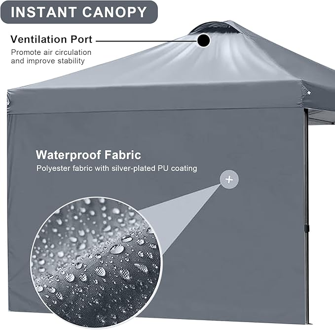 KAMPKEEPER 10x10 Pop Up Canopy Tent with 2 Sidewalls, Beach Tent - Easy Outdoor Sun Shade for Events, Parties, Camping - Gazebo with 4 Weight Bags & Carry Bag.（Grey）