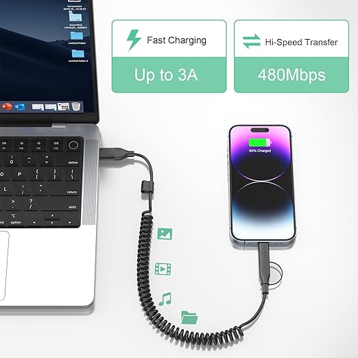 Coiled Carplay 4-in-1 USBA/Type C to USB-C/Lightning Cable Multi Combo for Apple Carplay& Android Auto,60W Fast Charge&Data Sync Car Charger Cord for iPhone 15/14/13/12,Samsung,Android-Black