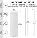 Volhoply 20oz Plastic Skinny Tumblers Bulk 10 Pack,Double Wall Tumbler with Lid and Straw,BPA Free Matte Acrylic Iced Coffee Cups with Straw,Reusable Travel Cute Mug for Party,DIY Gift(White,10 Set)