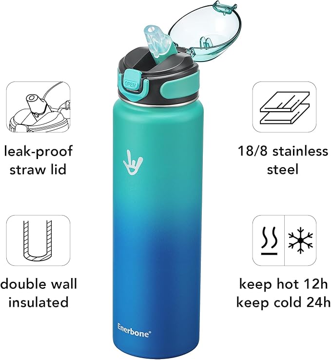 Enerbone 32 oz Insulated Water Bottle, Stainless Steel Bottle with Carrying Strap, Double-Wall Vacuum Insulation Design, Leakproof Sports Bottle with Straw, Keep Drinks Cold or Hot for Hours