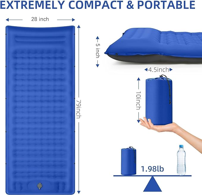 Double Sleeping Pad Camping, Self Inflating 6'' Extra-Thick 2 Person Pillow Built-in Foot Pump Waterproof Inflatable Sleeping Mat Backpacking, Tent, Hiking, Portable Camping Pad