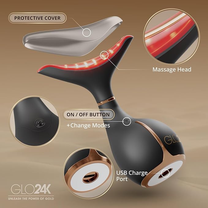 GLO24K Red Light Face & Neck Beauty Device – 3-in-1 Facial Massager Tool with LED & Vibration for Skin Revitalization and Neck Firming