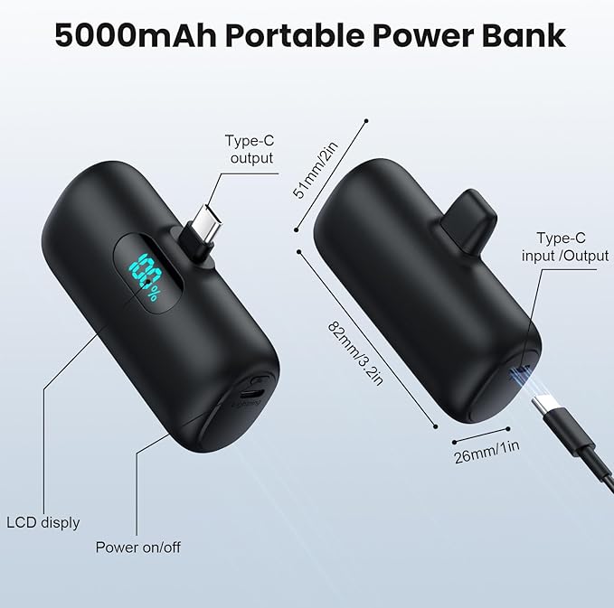 Mini Portable Charger USB C Power Bank,Upgraded 5000mAh PD Fast Charging Battery Pack Built-in USB-C Connector,LCD Display,Compatible with iPhone16,16 Plus,16Pro/Max/15,iPad Pro/Air,Android Phone etc