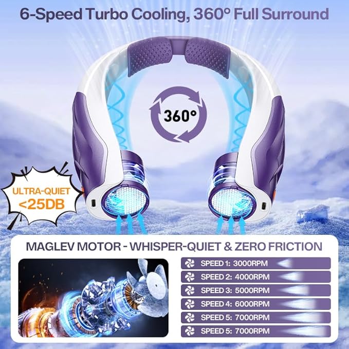 Neck Fan Rechargeable for Women: 6000mAh Battery Air Volume, 5S Fast Cooling Portable Personal Fan, 6 Speeds, No Hair Twisting - USB Quick Charge, Gift for Fashion Women, Bestie (Purple)