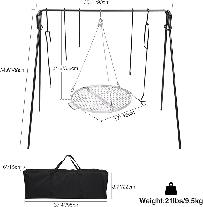 REDCAMP Swing Campfire Grill Stand - Collapsible Campfire Cooking Rack with 6 Hooks & Stainless Steel Grill Grate, Portable Dutch Oven Hanger for Outdoor Camping, Cookware, Bonfire, Round