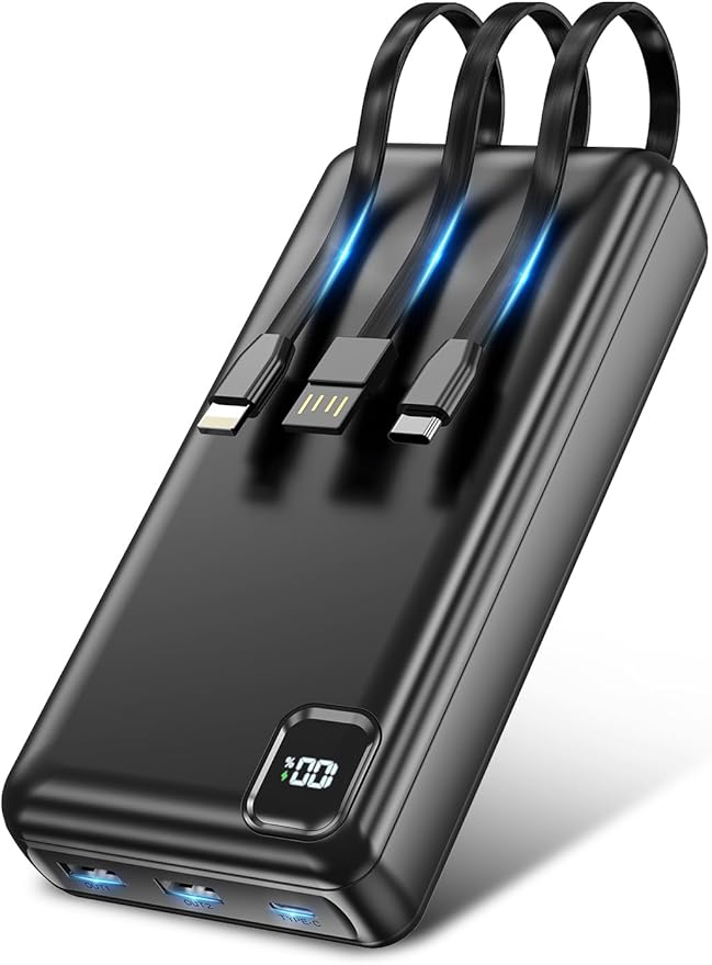 Portable Charger Power Bank 50000mAh Portable Phone Charger, PD 22.5W Fast Charging Powerbank Built in Cable, 5 Output 3 Input USB C LED Display for iPhone 16 15 14 13 Samsung Android iPad