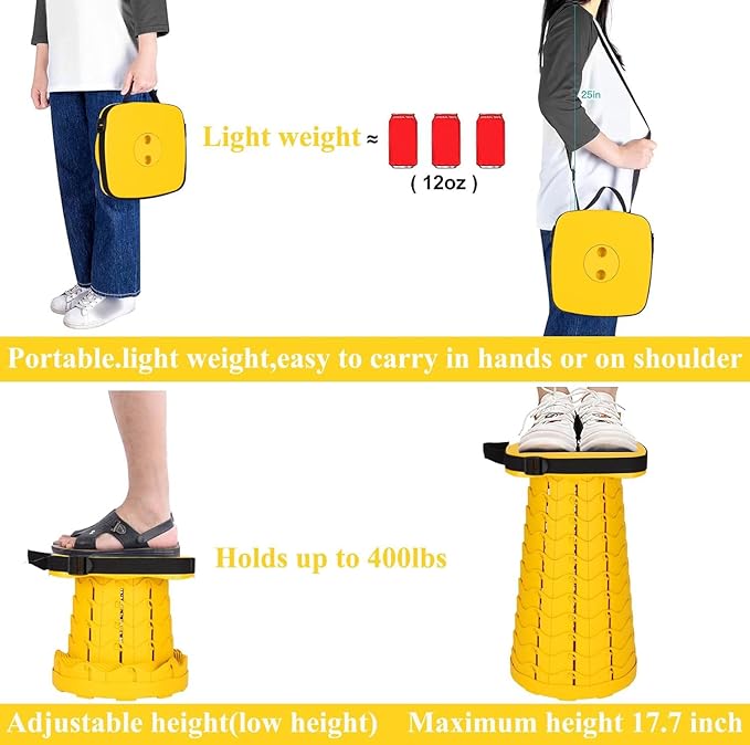 Fishboy Upgraded Collapsible Stool, 400lbs Max Weight, Lightweight But Sturdy, Portable Retractable Folding Telescoping Foldable Camping Stool for Adults Outdoor Fishing Hiking Gardening Travel BBQ