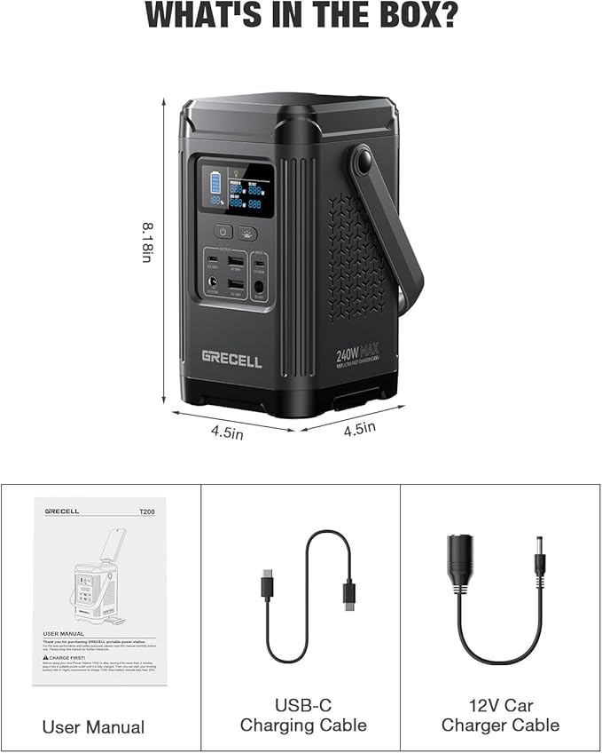 240W Portable Power Station 153.6WH Solar Generator, GRECELL LiFePO4 Battery Dual Way 100W PD, Portable Power Bank with Integrated Stand for Outdoors, Camping, Travel (No Wall Charger Included)
