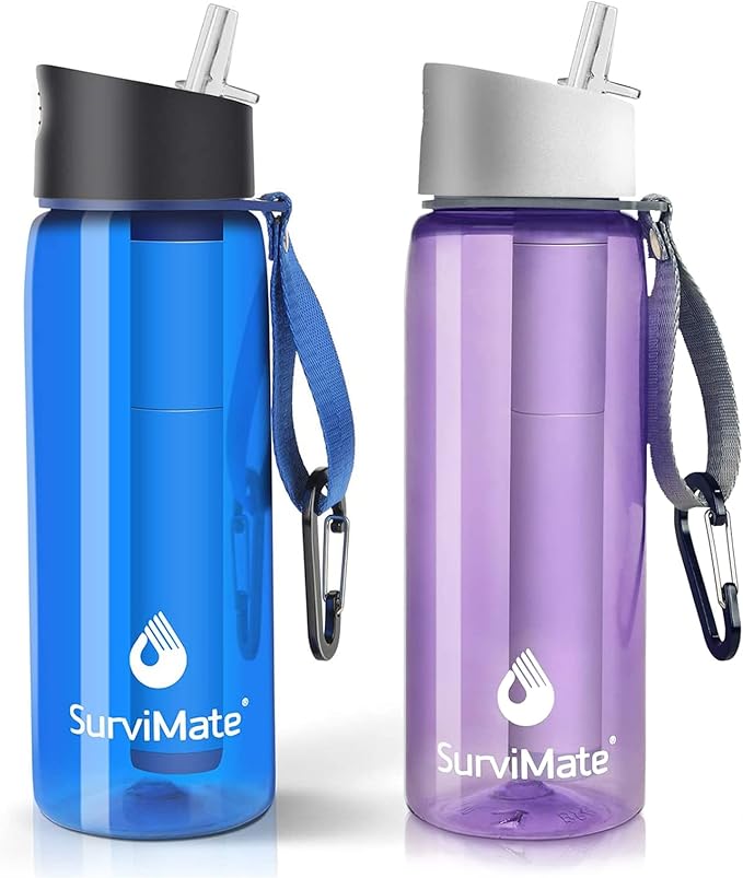 SurviMate Purified Water Bottle for Camping, Hiking, Backpacking and Travel, BPA Free with 5-Stage Intergrated Filter Straw