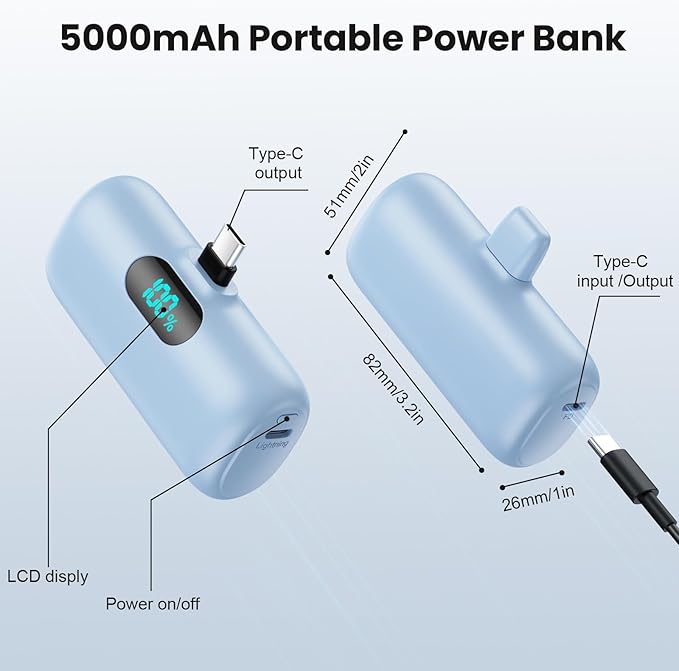 Mini Portable Charger USB C Power Bank,Upgraded 5000mAh PD Fast Charging Battery Pack Built-in USB-C Connector,LCD Display,Compatible with iPhone16,16 Plus,16Pro/Max/15,iPad Pro/Air,Android Phone etc