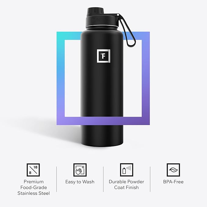 IRON °FLASK Camping & Hiking Hydration Flask with 3 Lids - Stainless Steel, Double Walled & Vacuum Insulated Water Bottle - Leak Proof & BPA Free (Sky, Spout - 40 oz)