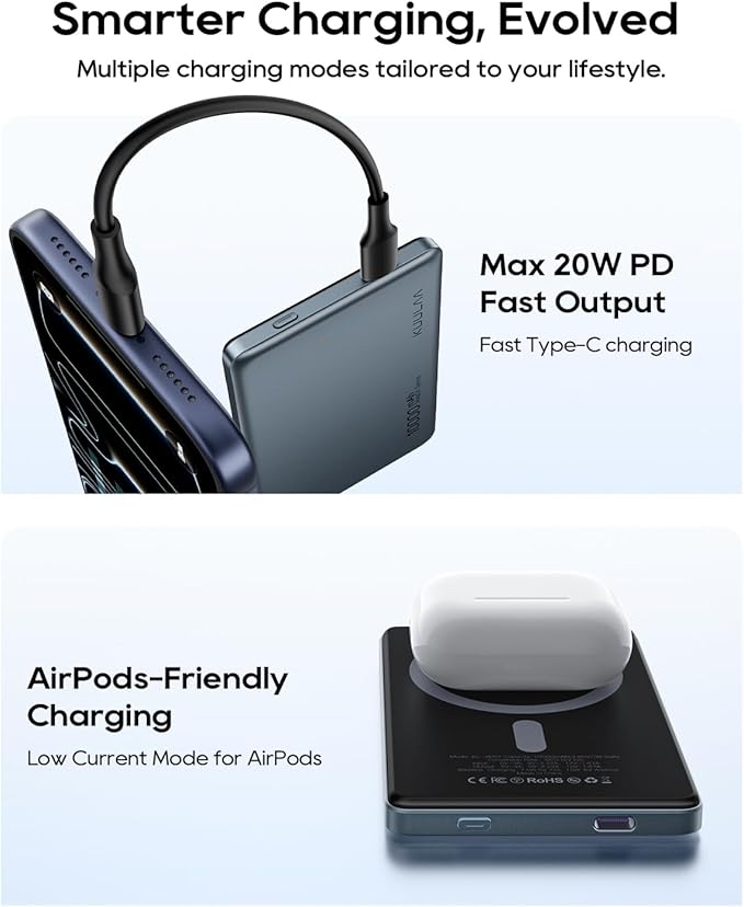 Kuulaa Magsafe Battery Pack 0.47'' 10000mAh Slim Magnetic Portable Charger Power Bank Support USB C PD 20W Fast Charging, Compatible with iPhone 16 Pro Max/15/14/13/12 Mini