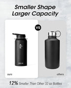 Coolflask 32 oz Water Bottle with Strap, Insulated Metal Water Flask with Straw & Spout Lids, Stainless Steel Double Wall Vacuum, Keep Cold 48h Hot 24h, Leak Proof & Non-BPA, Magic Black