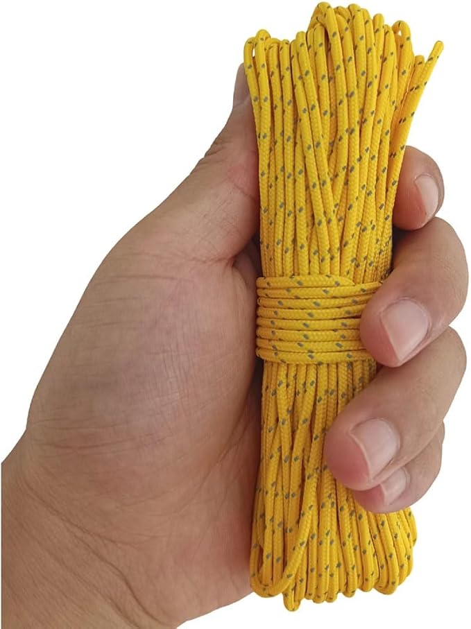 2mm Reflective Guyline Camping Paracord, Ultralight Thin Cord Rope for Tarp Rain Fly Tent Camping, 65 Feet (Yellow)