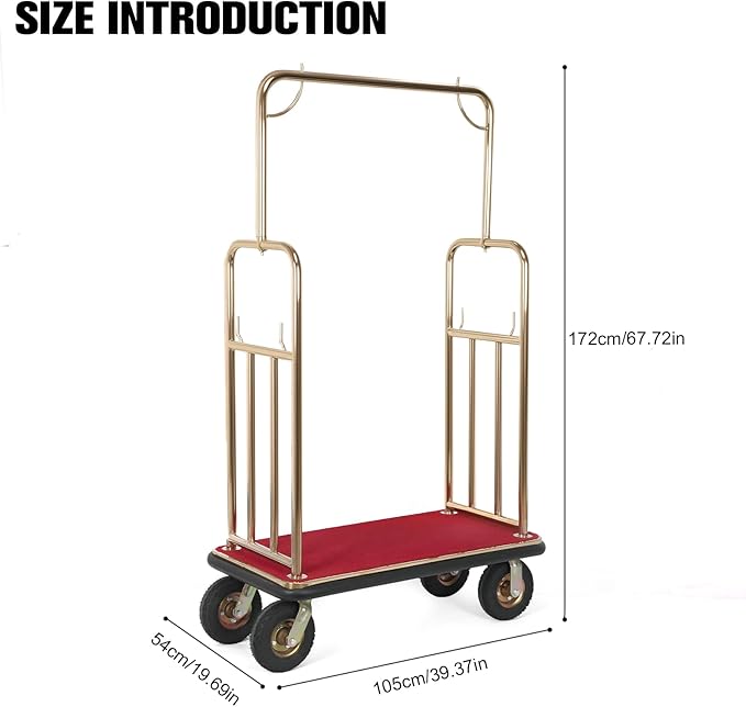 Stainless Steel Luggage Cart, 881LBS Capacity Commercial Bellman's Cart with 8" Silent Wheels, Golden Top and Carpet Deck for Hotel, Resorts, Condos, Commercial Use
