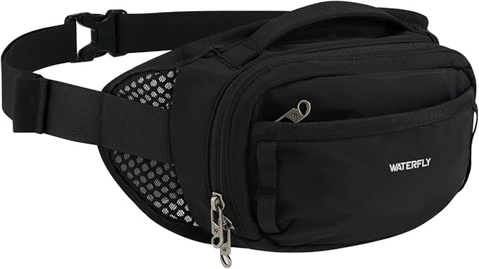 WATERFLY Fanny Pack Waist Bag: Large RFID Blocking Crossbody Bags with Multi-Pockets, Breathable Casual Anti-Theft Hip Pouch for Women Men Traveling Walking Hiking-Black