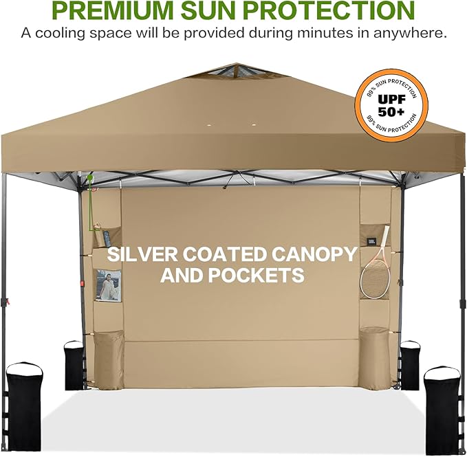 10'x10' Pop Up Canopy Tent with 1 Sidewall and 6 Pockets, One Push Setup, Instant Shade Tent with Vented Roof for Beach Patio Outdoor, Case, 8 Stakes, 4 Ropes, 4 Sandbags (Khaki, 10x10)