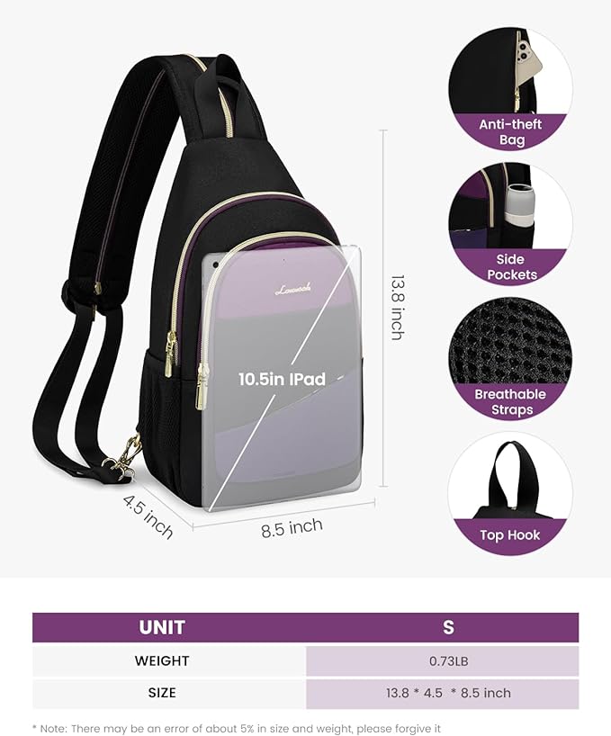 LOVEVOOK Sling Bag for Women, Sling Backpack Crossbody Bag Convertible, Small Diaper Bag Hiking Daypacks Water-resistant, Travel Shoulder Bag Chest Bag, Black Blue Purple