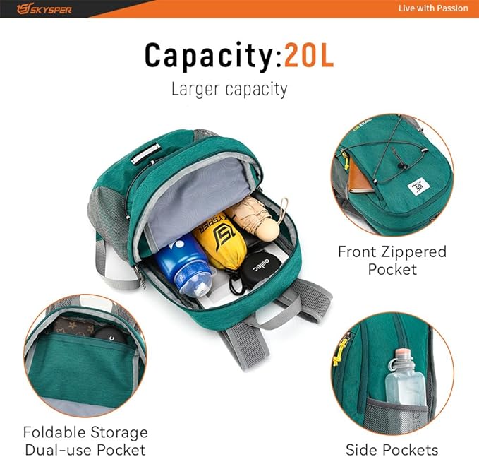 SKYSPER Foldable Small Backpack – 20L Lightweight Hiking Daypack with Chest Belt Packable Travel Rucksack for Women Men