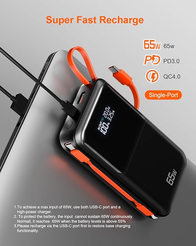65W Portable Laptop Charger - 27,000mAh Power Bank with Built-in USB-C Cables, 3-Port 130W Total Fast Charging for MacBook/iPhone/Steam Deck|TSA-Approved Travel Essential Airplane Safe Battery Pack