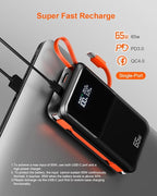 65W Portable Laptop Charger - 27,000mAh Power Bank with Built-in USB-C Cables, 3-Port 130W Total Fast Charging for MacBook/iPhone/Steam Deck|TSA-Approved Travel Essential Airplane Safe Battery Pack