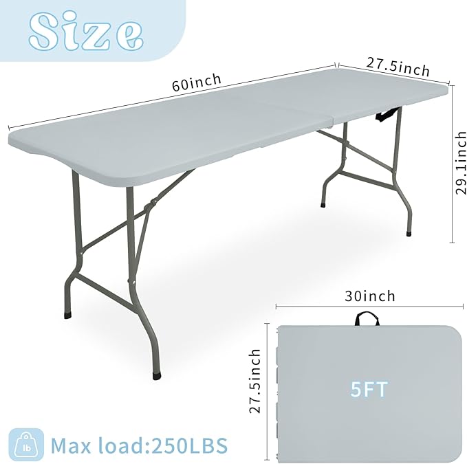 Folding Table 5FT Camping Table Portable Heavy Duty Plastic Rectangular Outdoor Dining Table Steel Legs Fold-in-Half with Carrying Handle for Indoor,Picnic,Party,Wedding,Events(Grey)