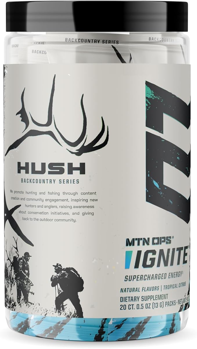 MTN OPS Ignite Trail Packs Energy Drink Powder, Gluten Free Nootropic Supplement Drink Mix, L Arginine, L Citrulline, Caffeine & Nootropic Sugar Free Drink Mix, 20 Servings, Hush Summit Surge