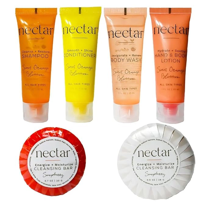 World Amenities - Nectar Mini Travel Size Toiletries Bathroom Kit | Sweet Orange Blossom| Shampoo, Conditioner, Body Wash, Lotion, Two Round Cleansing Bars & Body Bar