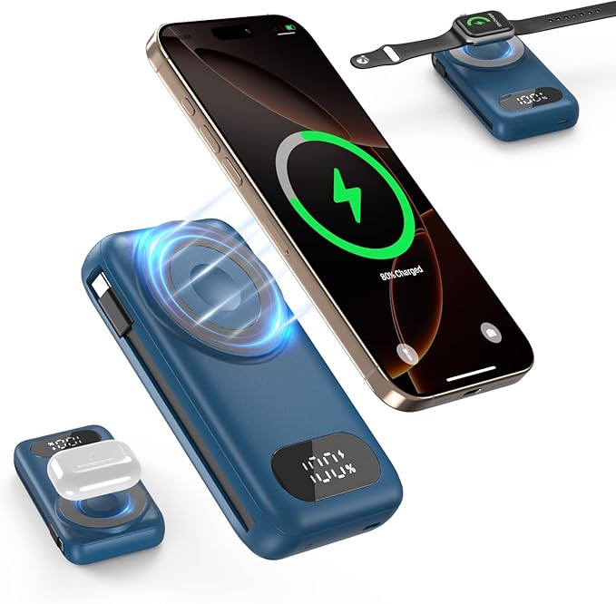 Magnetic Portable Charger 26800mAh for iPhone 16/15/14/13/12 with Built-in Cables，6-in-1 Wireless Power Bank with iWatch Charger and Compatible with Samsung, Android Phones, AirPods(Blue)