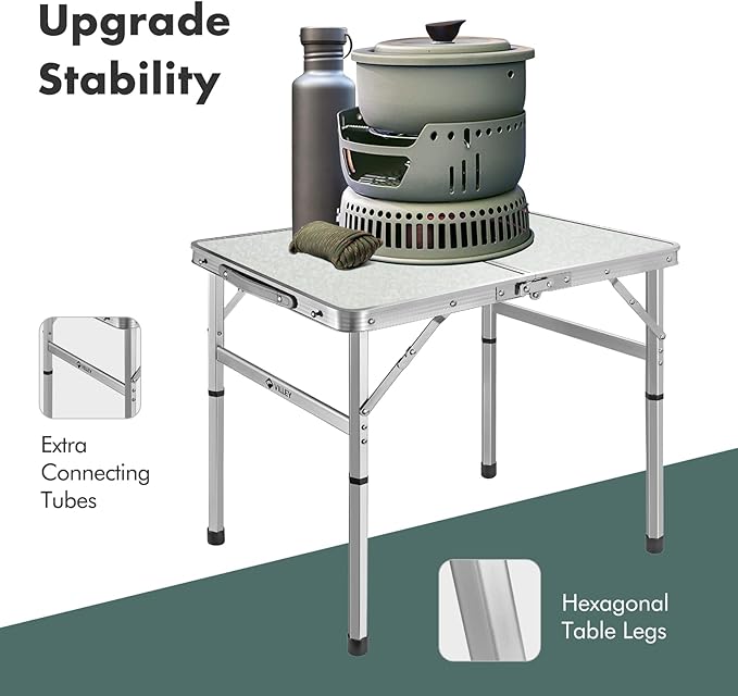 VILLEY Folding Camping Table, 2ft Small Portable Lightweight Outdoor Table with Aluminum Adjustable Legs for Travel Picnic Cooking Beach