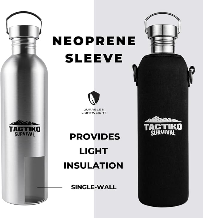 Tactiko Survival Stainless Steel Wide Mouth Water Bottle, Single Wall Boil-Safe, Leakproof, BPA-Free with Carry Sleeve and Strap for Camping, Hiking, Outdoor Prep (Black, 51 oz / 1500 ml)