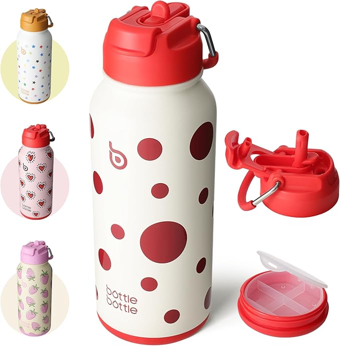 BOTTLE BOTTLE 32oz Insulated Water Bottle Stainless Steel Sport Water Bottle with Straw Dual-use Lid Design for Gym with Pill Box