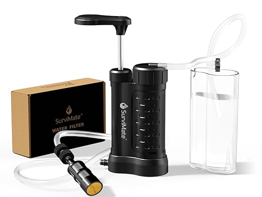 SurviMate Water Purifier Survival Pump，0.01 Micron 5-Stage Water Purifier System，Hand Pump Water Filter Portable Outdoor Emergency，Camping, Hiking, Backpacking