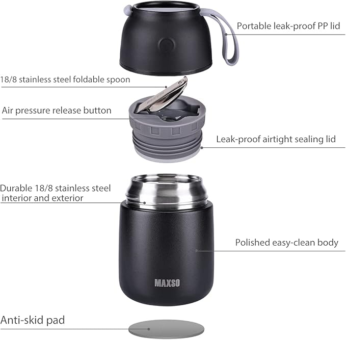 MAXSO Soup Thermo for Hot & Cold Food for Adults Kids, 17 oz Vacuum Insulated Steel Lunch Container Bento Box with Spoon, Leakproof Thermal Food Jar for School Office Travel - Black