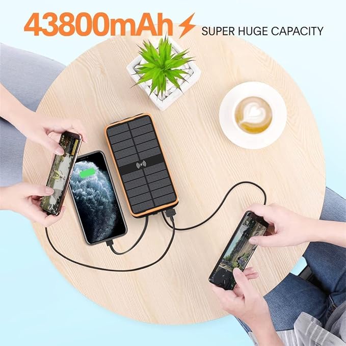 superallure Solar Charger Power Bank,Portable Charger,43800mAh Qc3.0 Fast Charger Qi 10W Wireless Charging Built-in 2 Kinds Output Cable and 680Lumen Bright flashlights