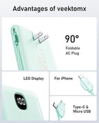 VEEKTOMX Portable Charger with Built in Cables 10000mAh, Power Bank for iPhone with Wall Plug, Travel Essential Fast Charging Slim USB C External Battery Pack for iPhone 17/16/15, Samsung, iPad, etc