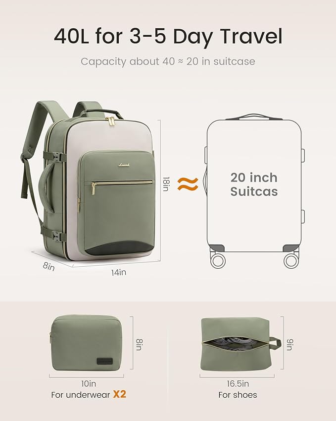 LOVEVOOK 40L Travel Backpack for Women & Men, Airline Approved Carry On Luggage with 3 Packing Cubes, TSA Overnight Bags, Waterproof Personal Item Bag, Weekender Essentials Backpacks fits 17" Laptop
