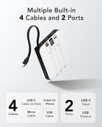 VRURC Portable Charger with Built-in 4 Cables, 10000mAh Battery Pack PD 20W for iPhone, 22.5W USB C Travel Power Bank for iPhone 16 15 14 13 Samsung Galaxy S23 S22 Google Android Phones, Whtie